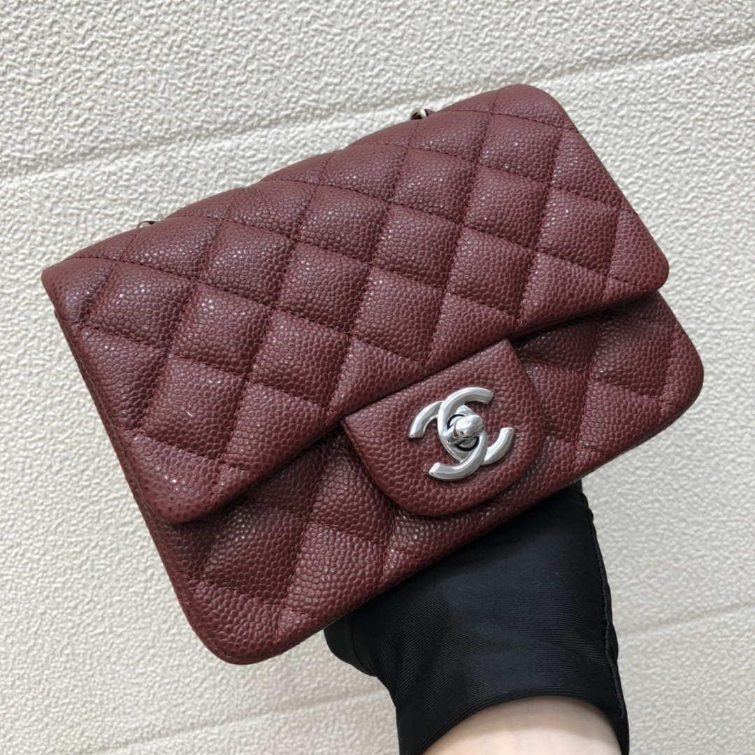 Chanel A35200 Mini Flap Bag 17cm Grained Calfskin Wine Red Silver
