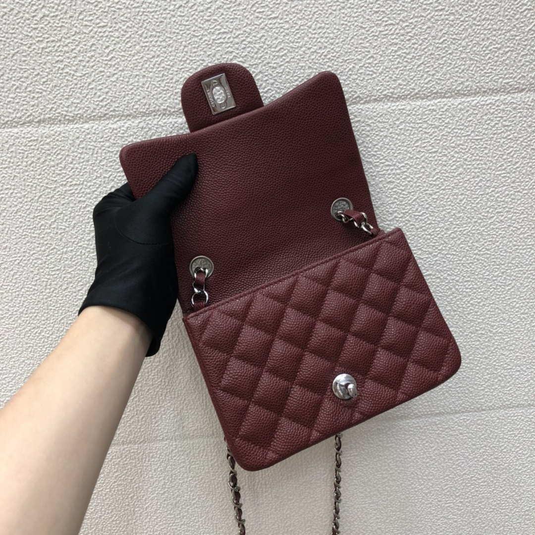 Chanel A35200 Mini Flap Bag 17cm Grained Calfskin Wine Red Silver