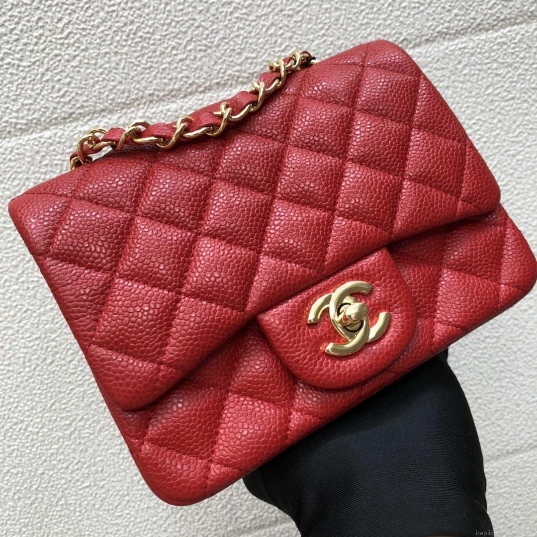Chanel A35200 Mini Flap Bag 17cm Grained Calfskin Red Gold