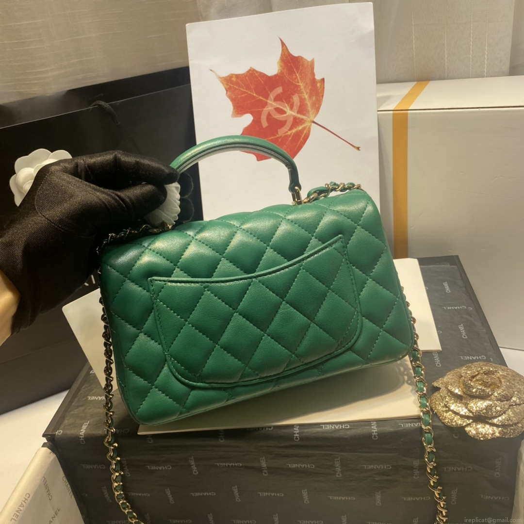 Chanel AS2431 Mini Flap Lambskin Bag with top Handle Green Bright gold