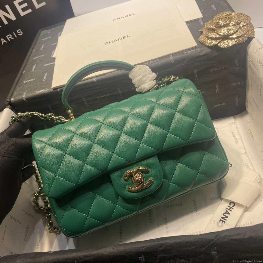 Chanel AS2431 Mini Flap Lambskin Bag with top Handle Green Bright gold