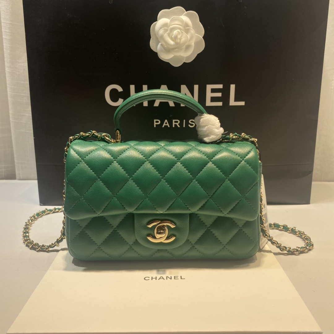 Chanel AS2431 Mini Flap Lambskin Bag with top Handle Green Bright gold