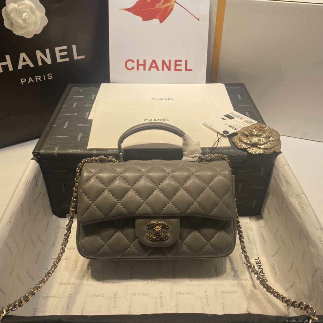 Chanel AS2431 Mini Flap Lambskin Bag with top Handle Gray Bright gold