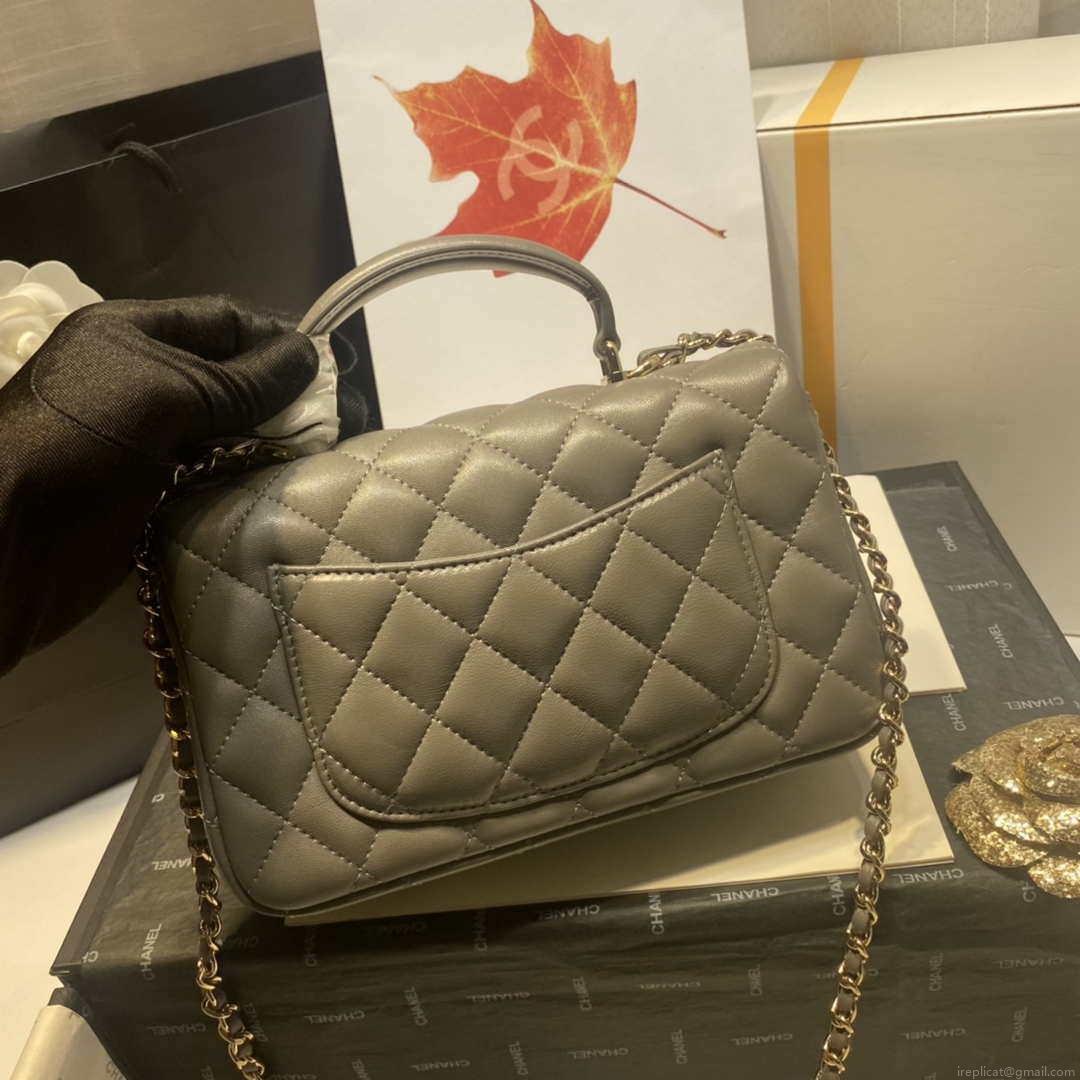 Chanel AS2431 Mini Flap Lambskin Bag with top Handle Gray Bright gold