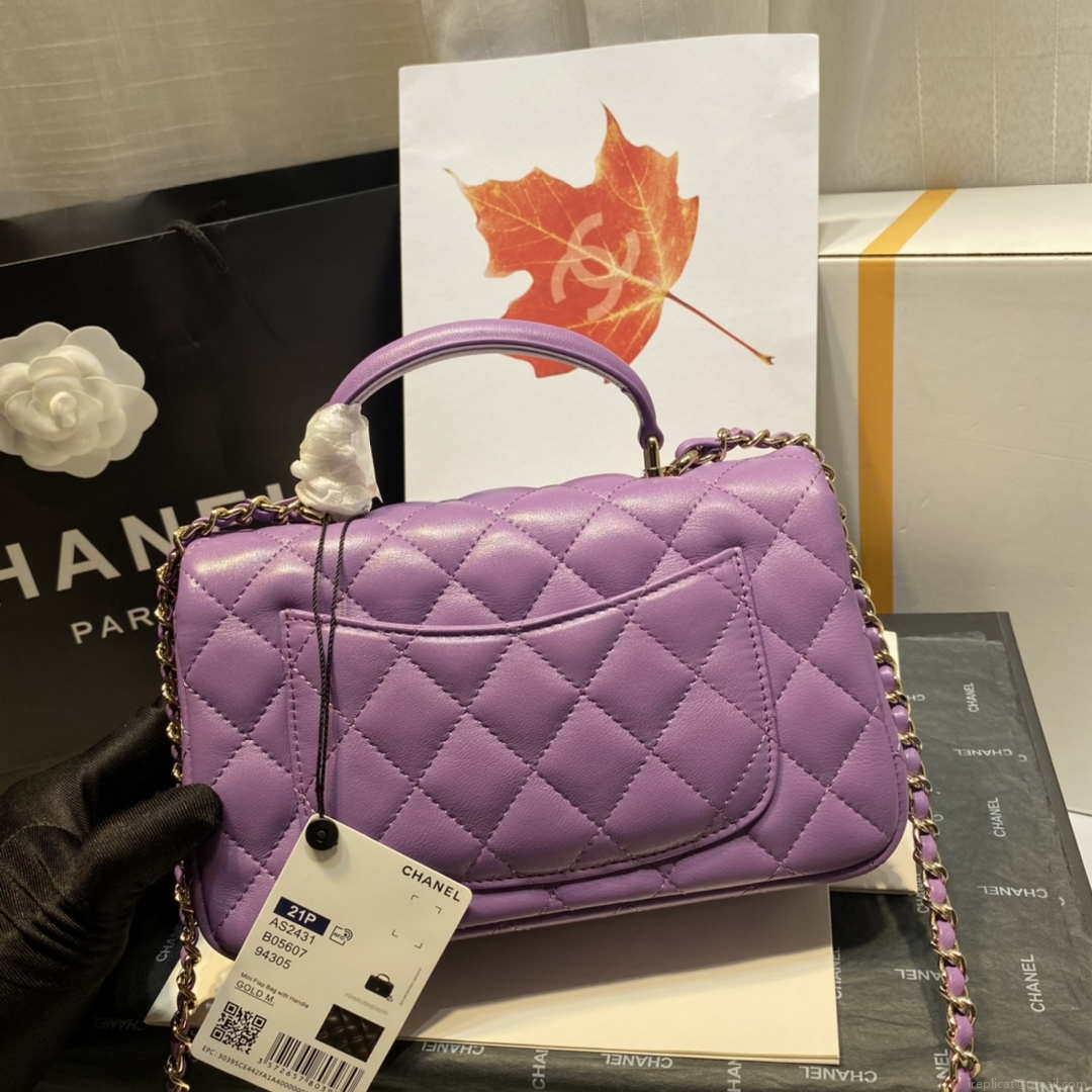 Chanel AS2431 Mini Flap Lambskin Bag with top Handle Purple Bright gold