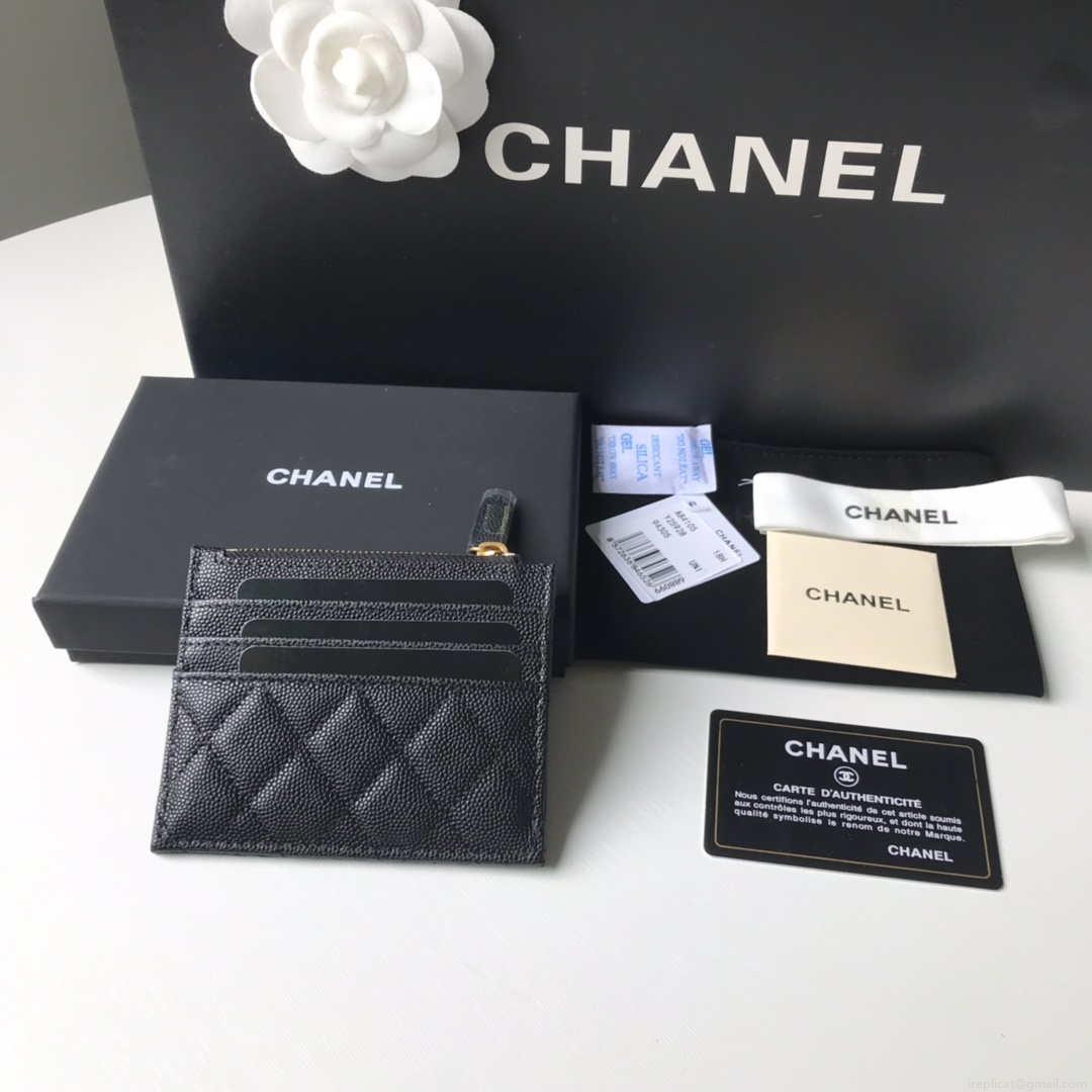 Chanel Classic Card Holder Zipper Grained shiny calfskin A31510 Black Gold