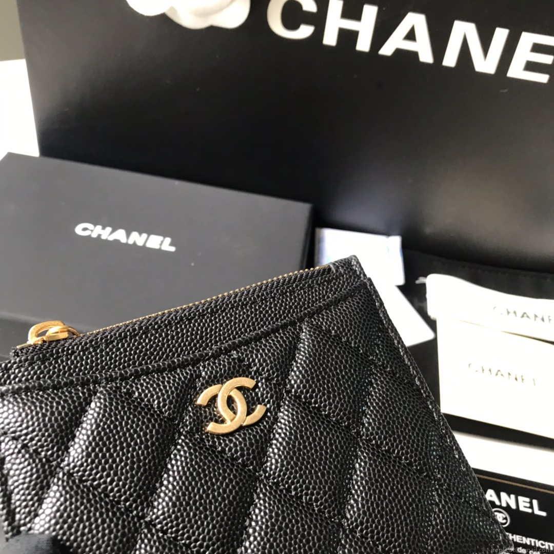 Chanel Classic Card Holder Zipper Grained shiny calfskin A31510 Black Gold