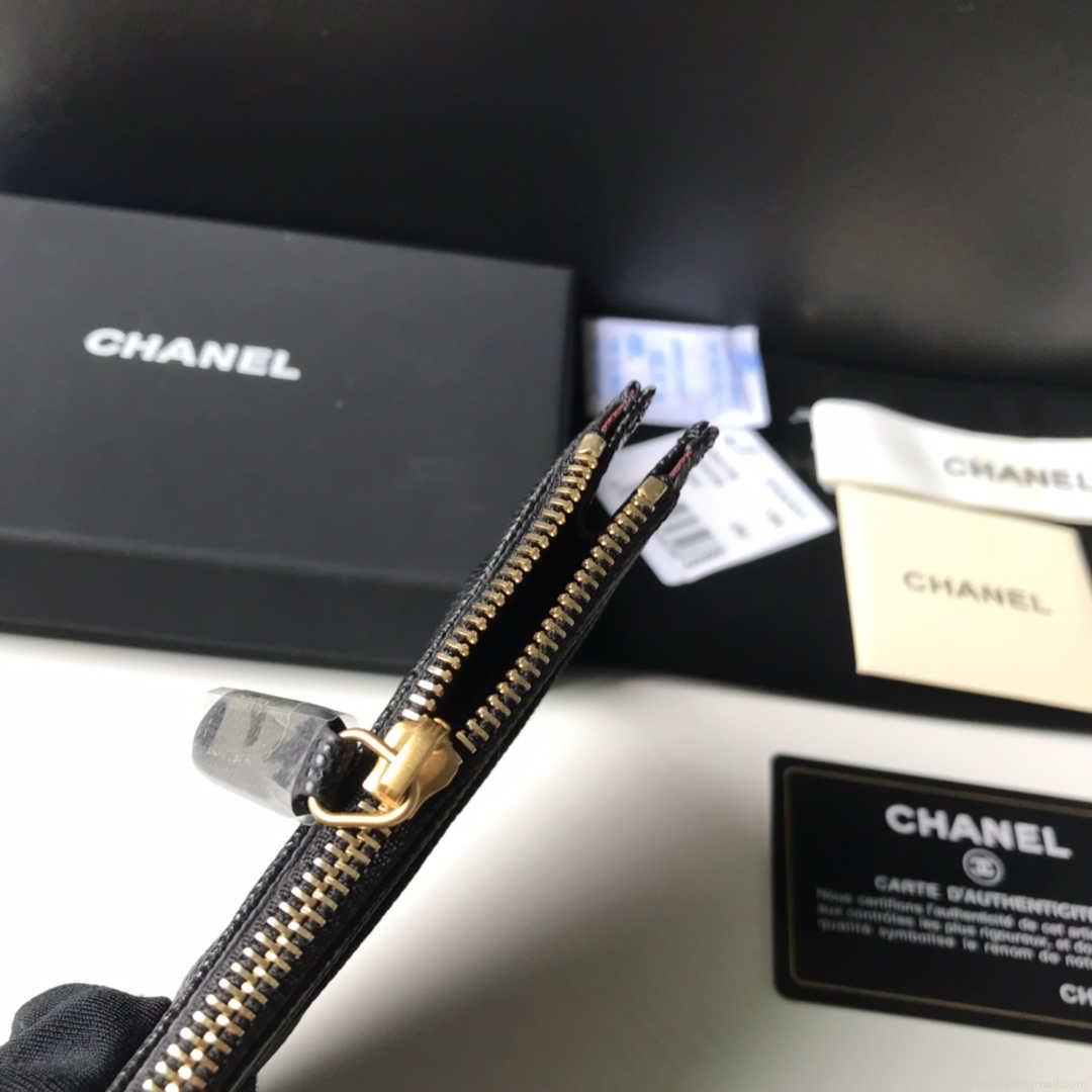 Chanel Classic Card Holder Zipper Grained shiny calfskin A31510 Black Gold