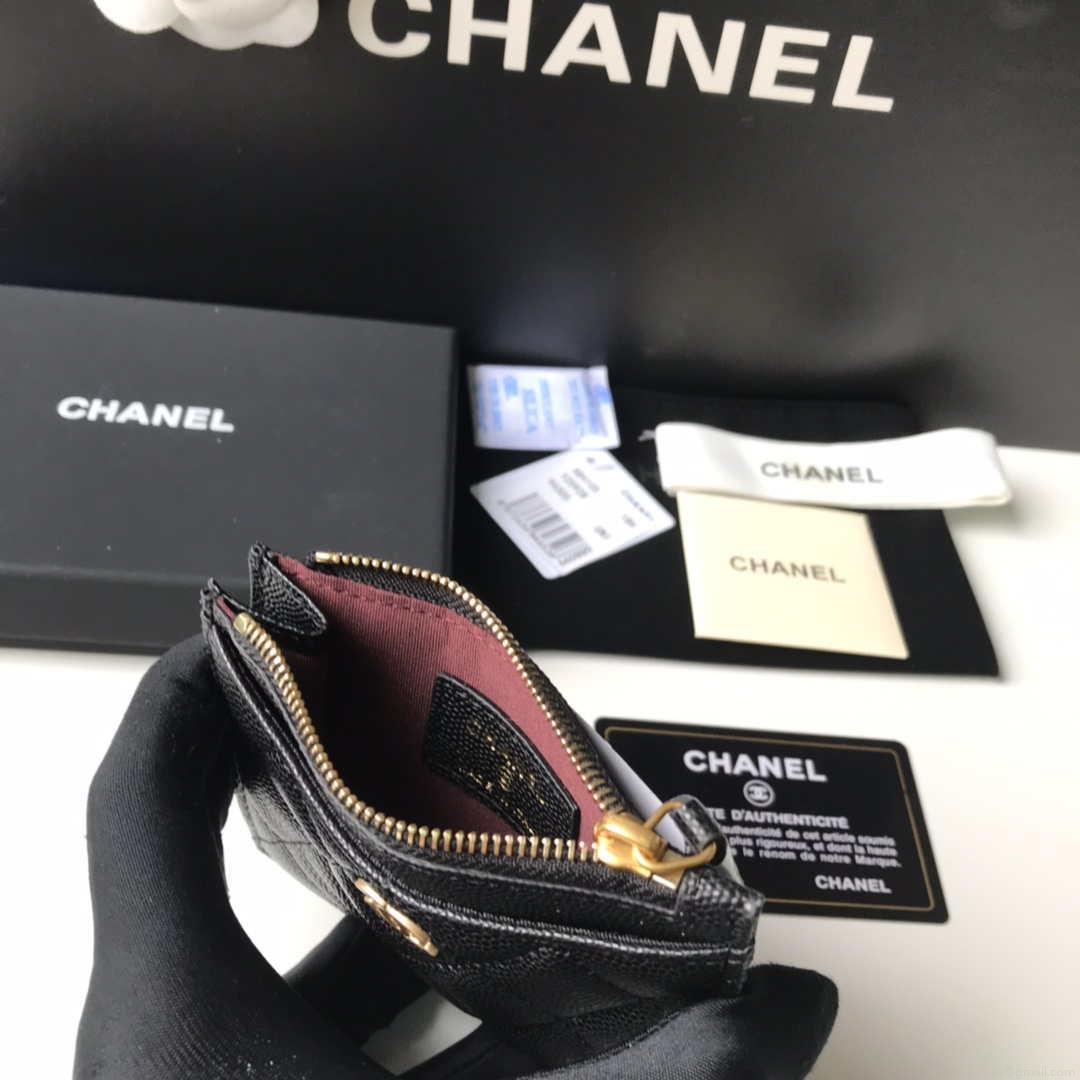 Chanel Classic Card Holder Zipper Grained shiny calfskin A31510 Black Gold