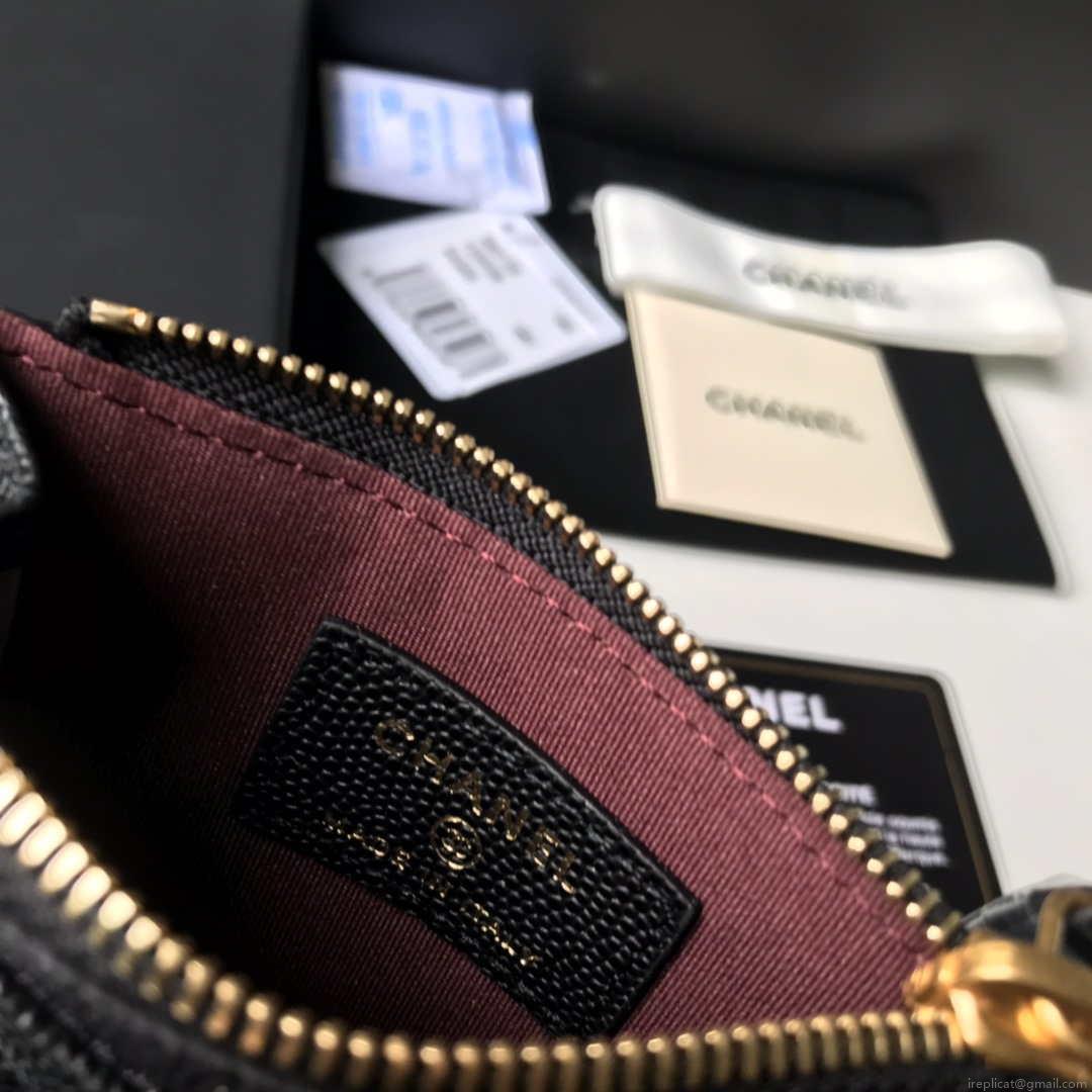 Chanel Classic Card Holder Zipper Grained shiny calfskin A31510 Black Gold