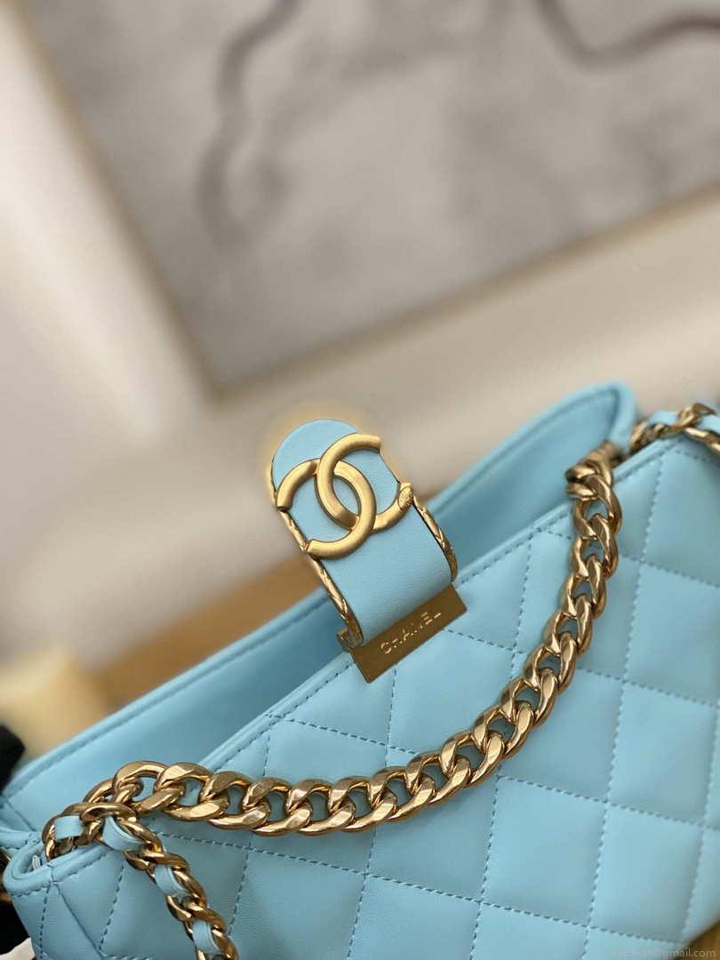 Chanel AS3476 HOBO Handbag Lambskin & Gold-Tone Metal Light Blue