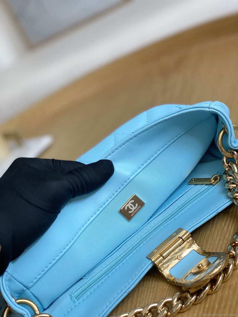 Chanel AS3476 HOBO Handbag Lambskin & Gold-Tone Metal Light Blue