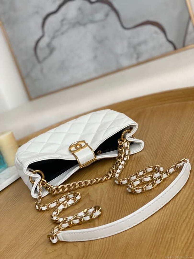 Chanel AS3476 HOBO Handbag Lambskin & Gold-Tone Metal White