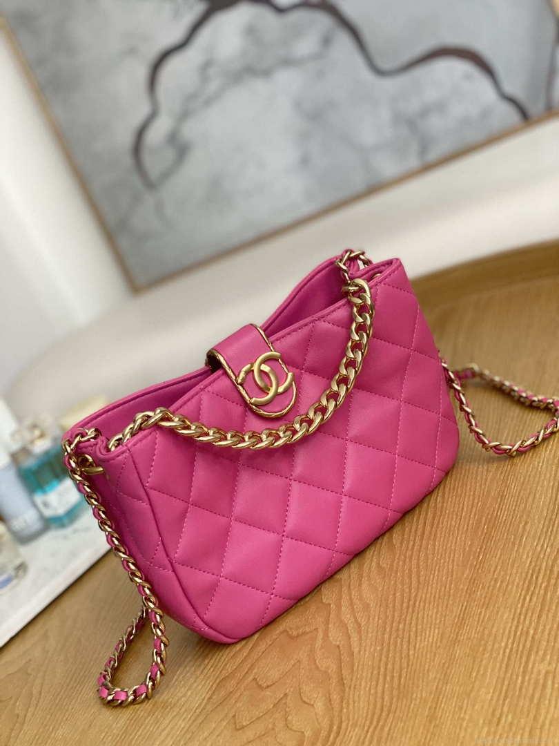 Chanel AS3476 HOBO Handbag Lambskin & Gold-Tone Metal Rose Red