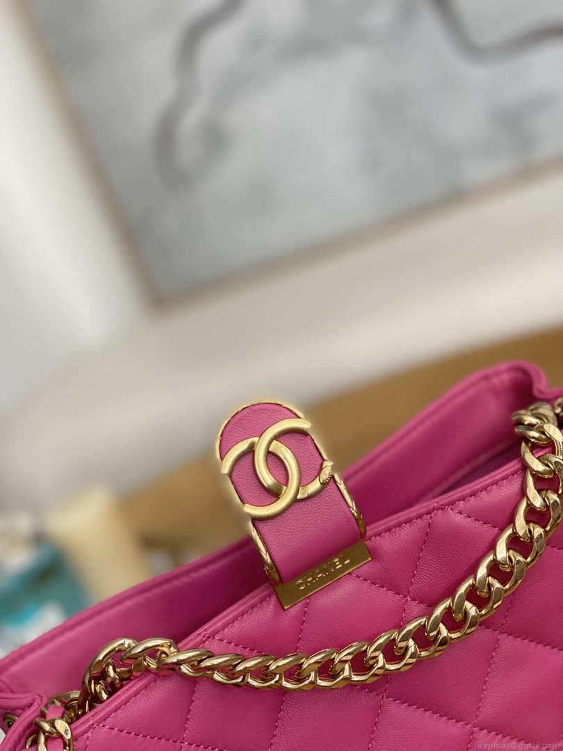 Chanel AS3476 HOBO Handbag Lambskin & Gold-Tone Metal Rose Red
