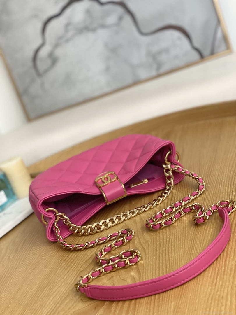Chanel AS3476 HOBO Handbag Lambskin & Gold-Tone Metal Rose Red