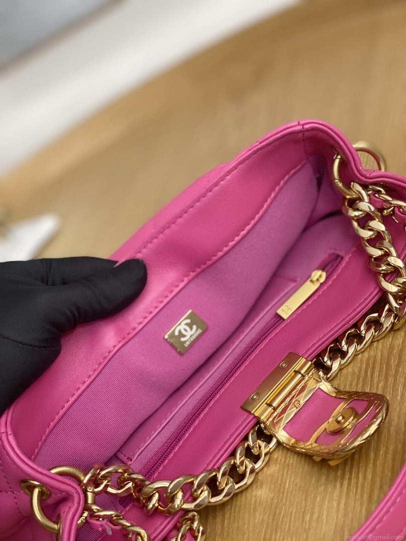 Chanel AS3476 HOBO Handbag Lambskin & Gold-Tone Metal Rose Red