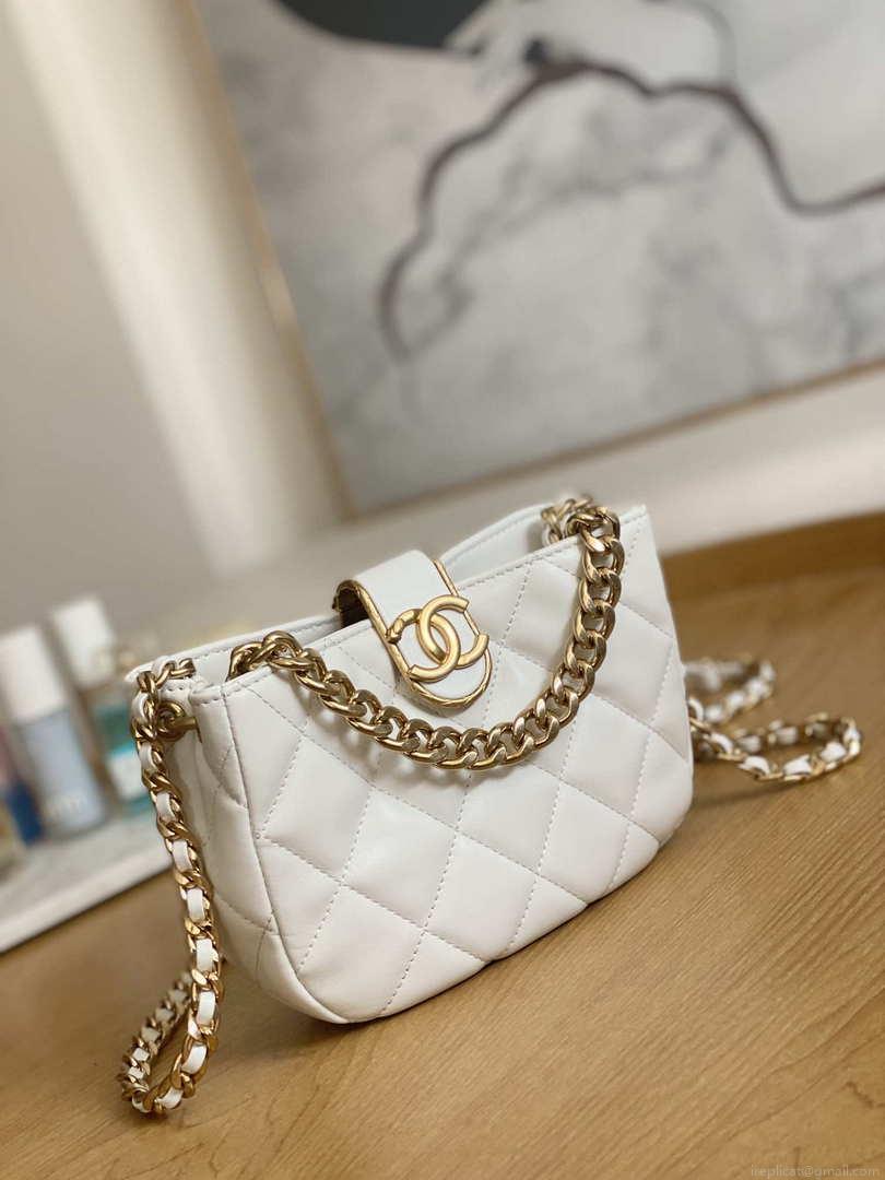 Chanel 3475 Small HOBO Handbag Lambskin & Gold-Tone Metal White