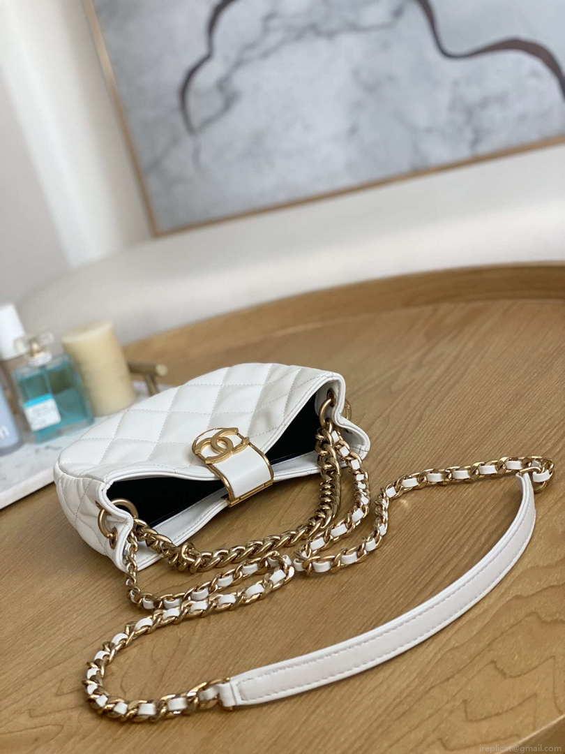 Chanel 3475 Small HOBO Handbag Lambskin & Gold-Tone Metal White