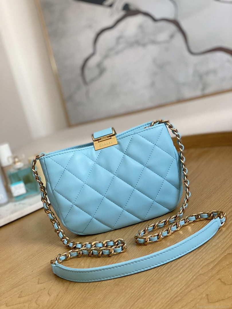 Chanel 3475 Small HOBO Handbag Lambskin & Gold-Tone Metal Ligth Blue