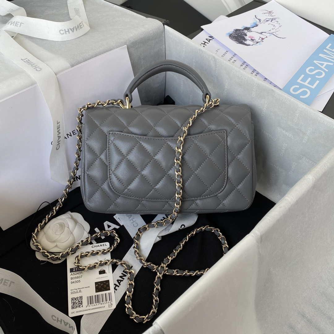Chanel AS2431 Mini flap Lambskin bag with top handle Light gold Dark Gray