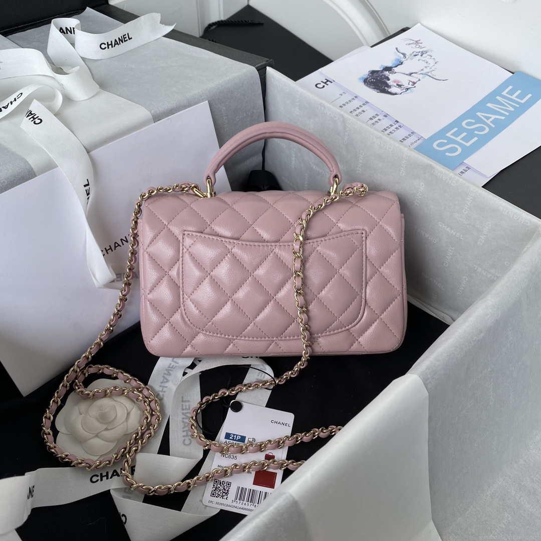 Chanel AS2431 Mini flap Lambskin bag with top handle Light gold Dark Pink