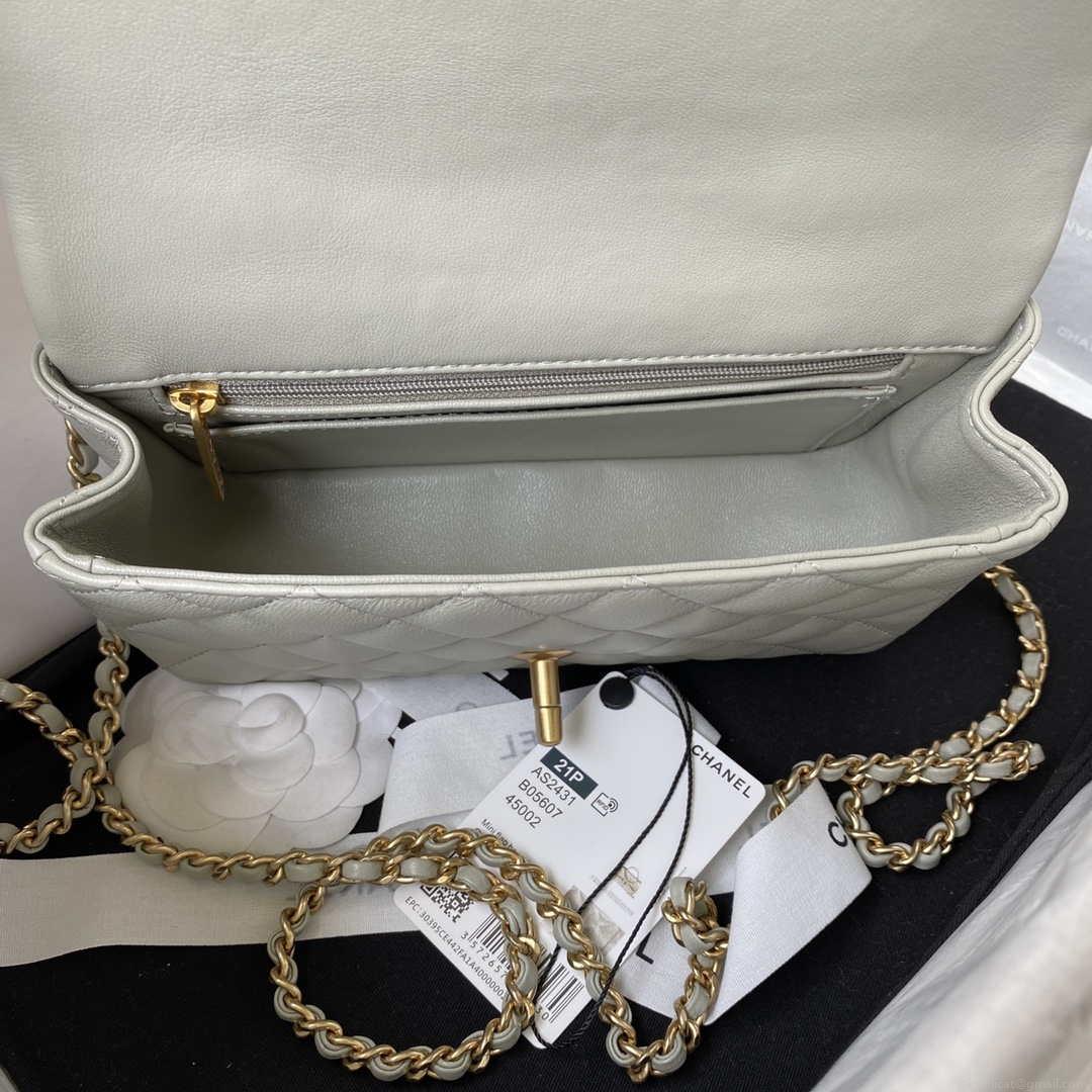 Chanel Mini flap Lambskin bag with top handle AS2431 Light Green Gold
