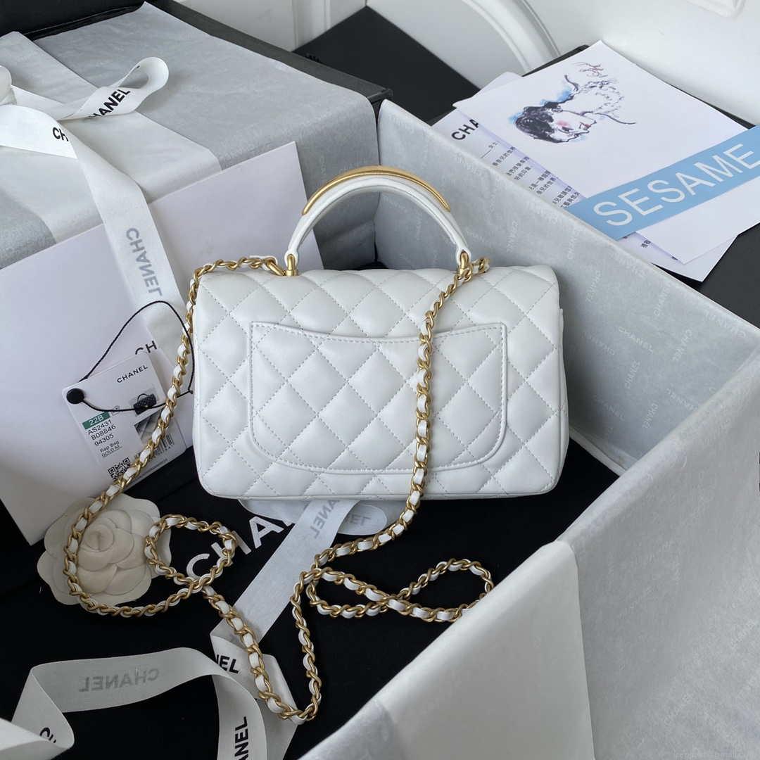 Chanel AS2431 Mini flap White Lambskin bag with top handle Gold