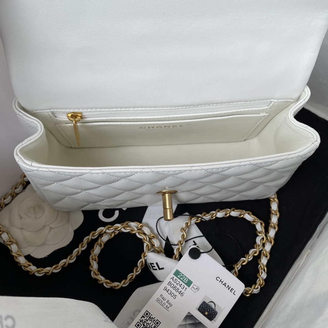 Chanel AS2431 Mini flap White Lambskin bag with top handle Gold