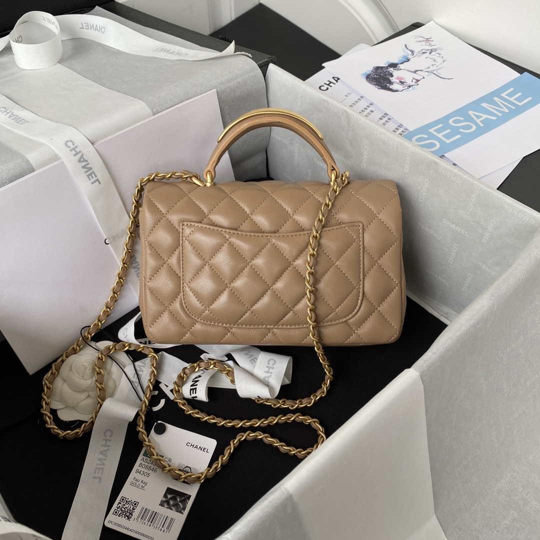 Chanel AS2431 Mini flap Tan Lambskin bag with top handle Gold