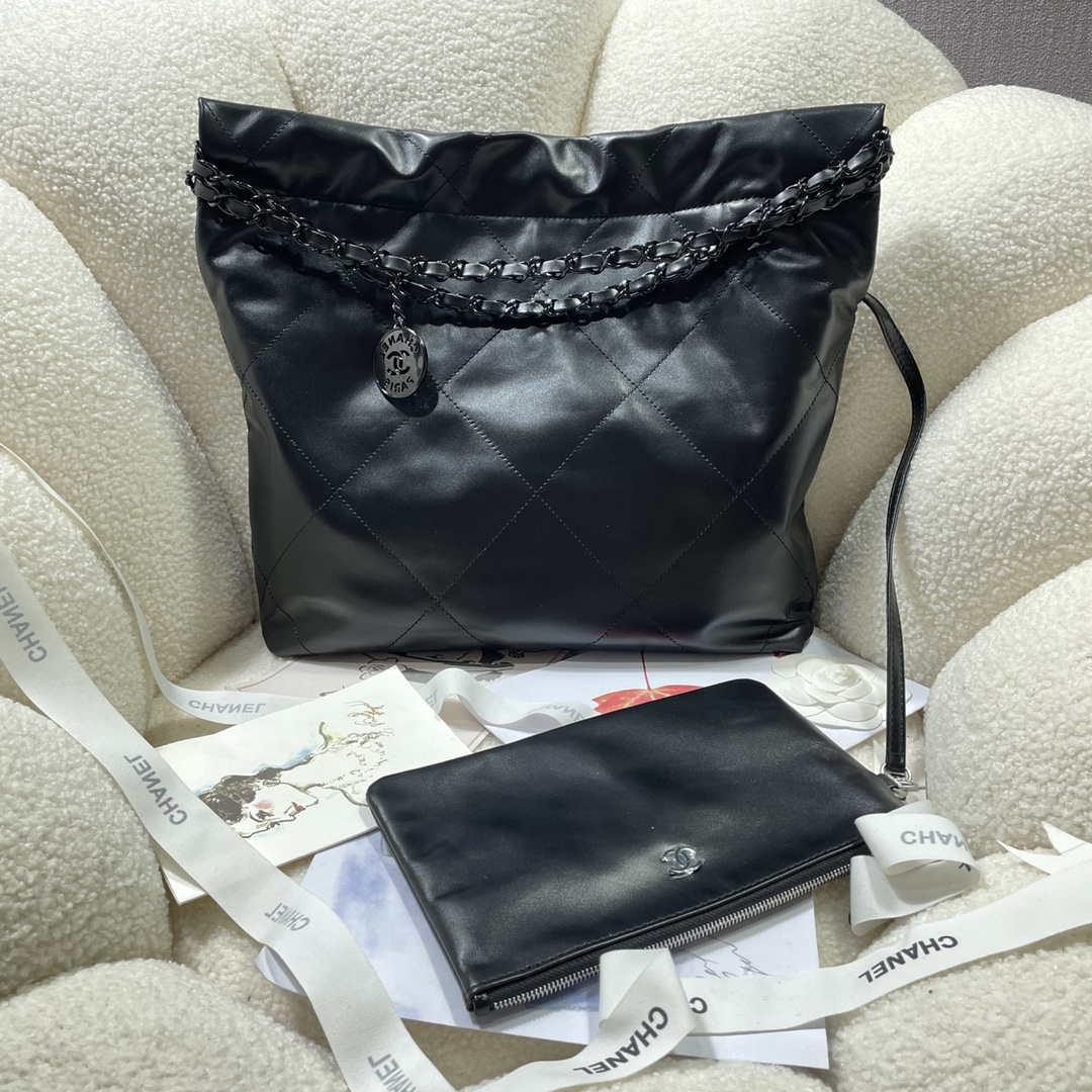 Chanel 22 Small Handbag Shiny Calfskin AS3260 Black with Black logo