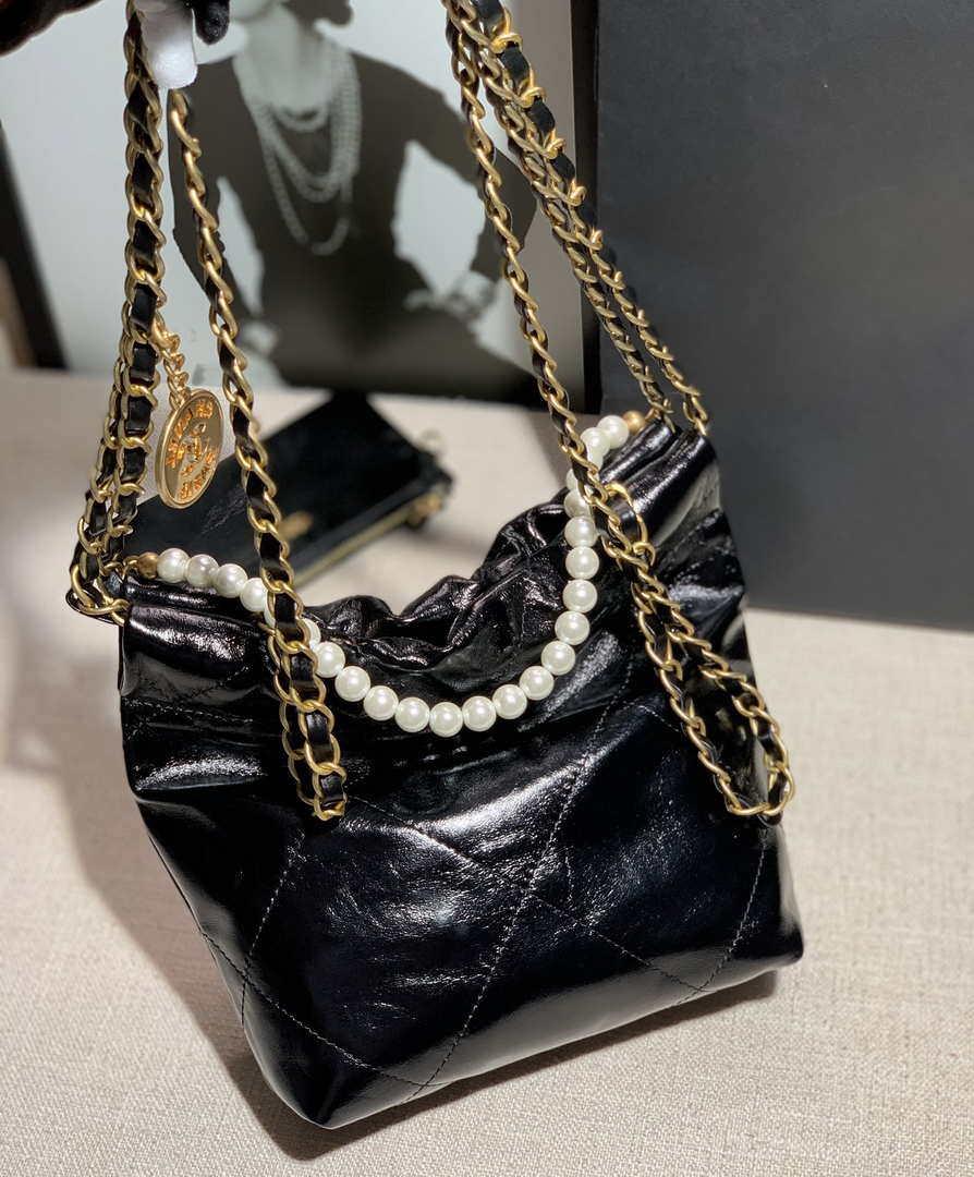 Chanel 22 Mini Handbag Shiny Calfskin AS3260 Pearl Chain Black with Gold