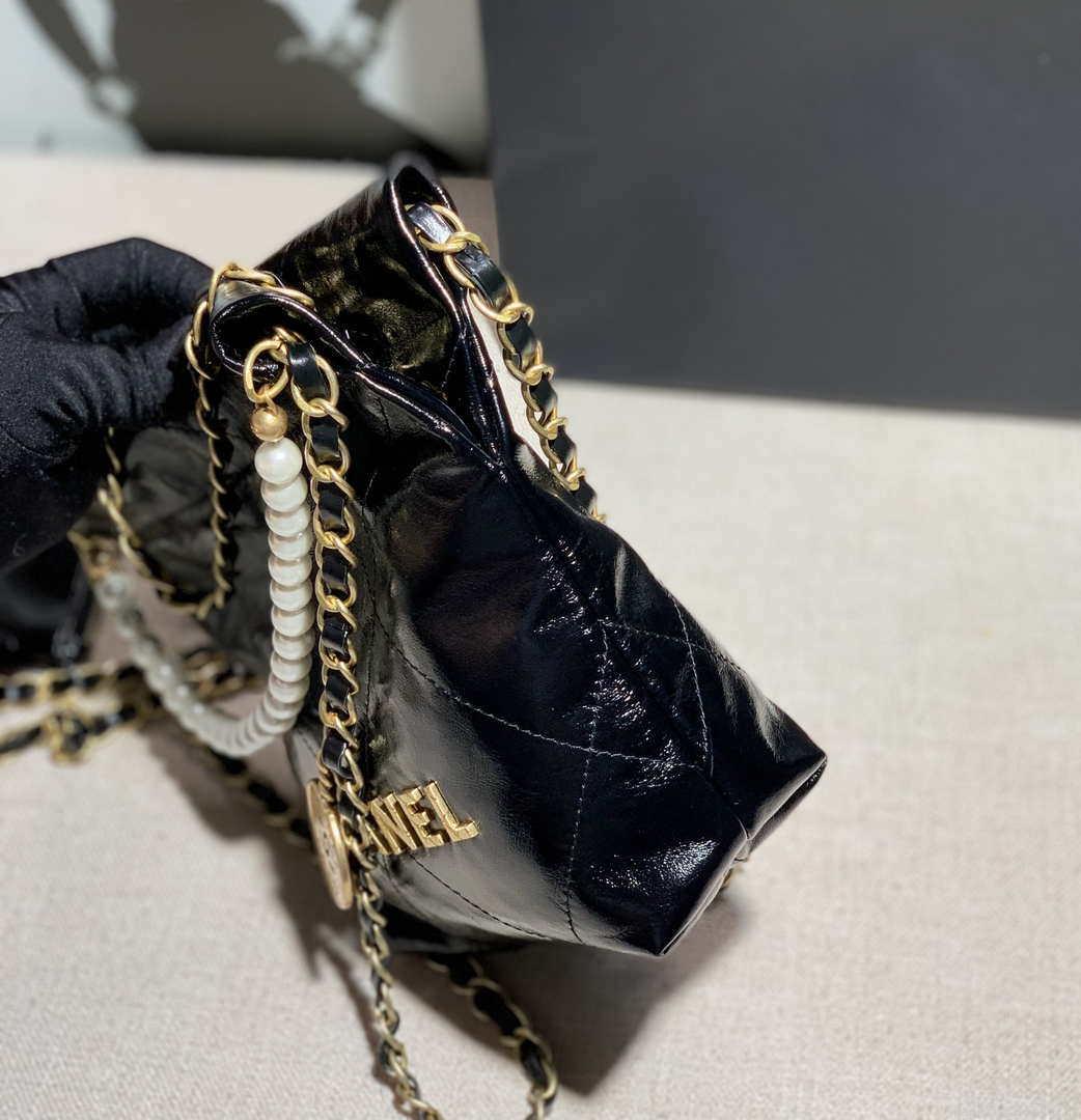 Chanel 22 Mini Handbag Shiny Calfskin AS3260 Pearl Chain Black with Gold