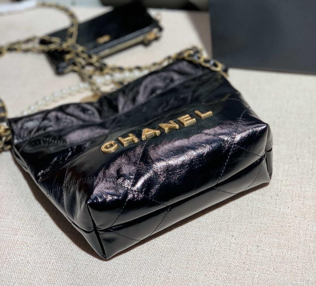 Chanel 22 Mini Handbag Shiny Calfskin AS3260 Pearl Chain Black with Gold
