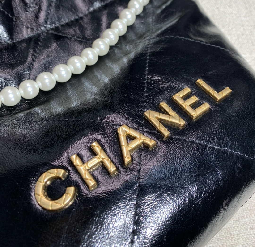 Chanel 22 Mini Handbag Shiny Calfskin AS3260 Pearl Chain Black with Gold