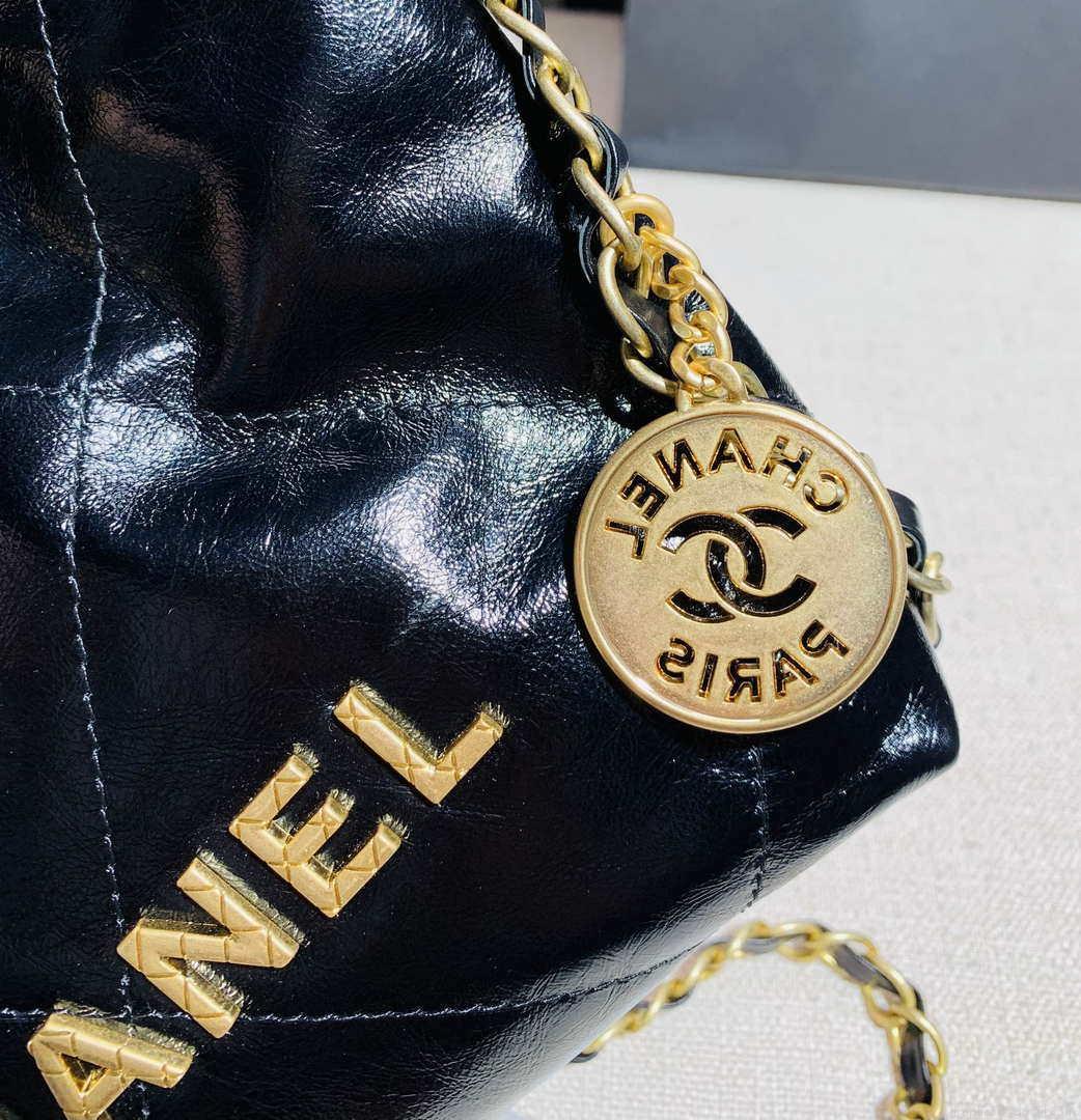 Chanel 22 Mini Handbag Shiny Calfskin AS3260 Pearl Chain Black with Gold