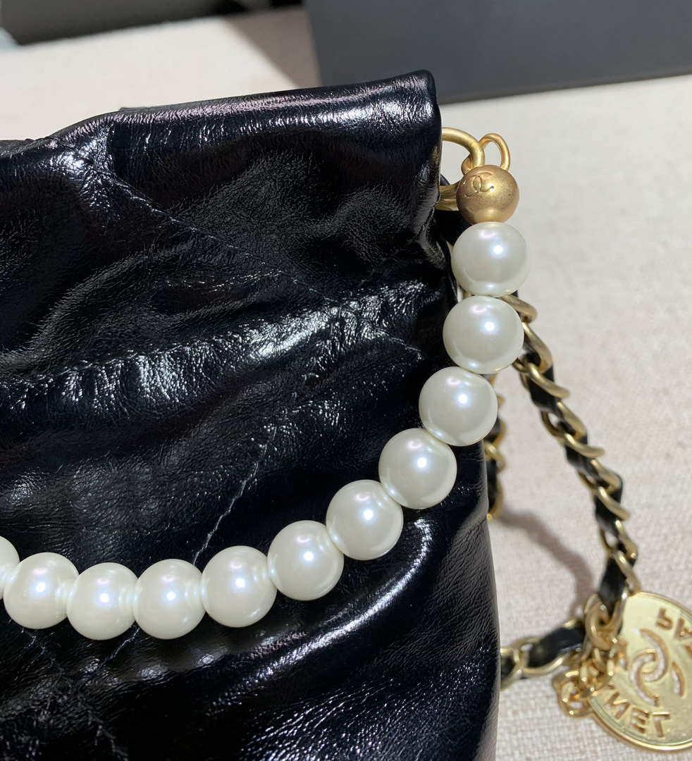 Chanel 22 Mini Handbag Shiny Calfskin AS3260 Pearl Chain Black with Gold
