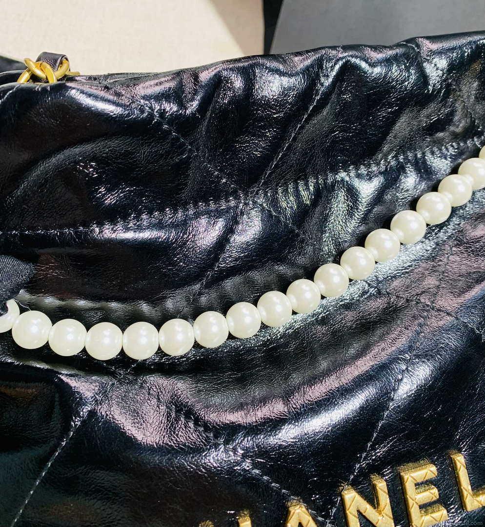 Chanel 22 Mini Handbag Shiny Calfskin AS3260 Pearl Chain Black with Gold