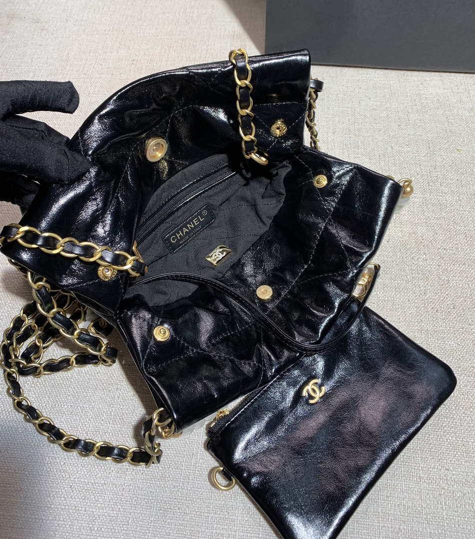 Chanel 22 Mini Handbag Shiny Calfskin AS3260 Pearl Chain Black with Gold