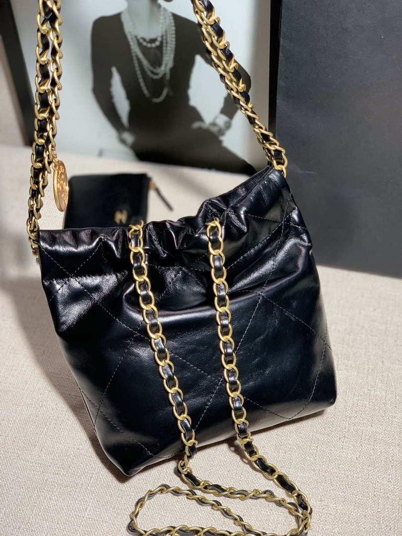 Chanel AS3260 22 Mini Handbag Calfskin Pearl Chain Black with Gold A90