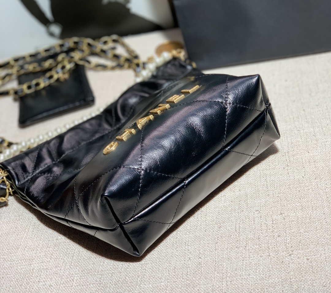 Chanel AS3260 22 Mini Handbag Calfskin Pearl Chain Black with Gold A90