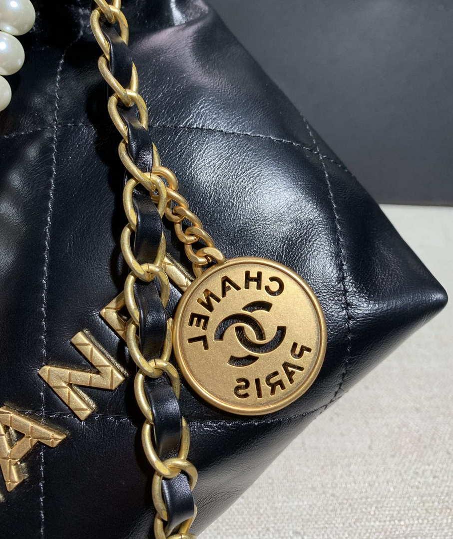 Chanel AS3260 22 Mini Handbag Calfskin Pearl Chain Black with Gold A90