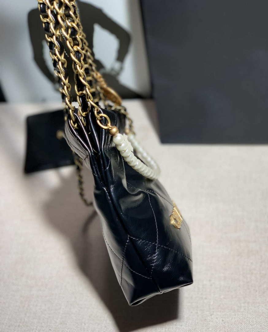 Chanel AS3260 22 Mini Handbag Calfskin Pearl Chain Black with Gold A90