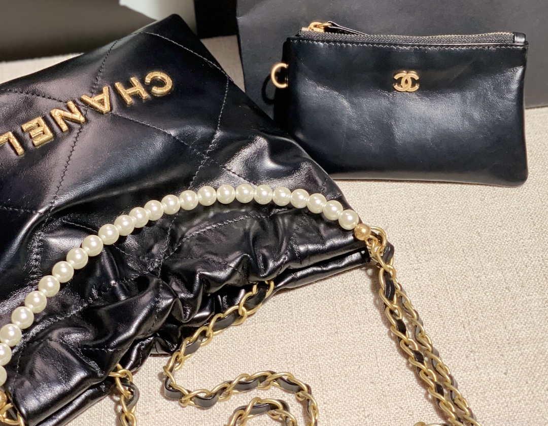 Chanel AS3260 22 Mini Handbag Calfskin Pearl Chain Black with Gold A90