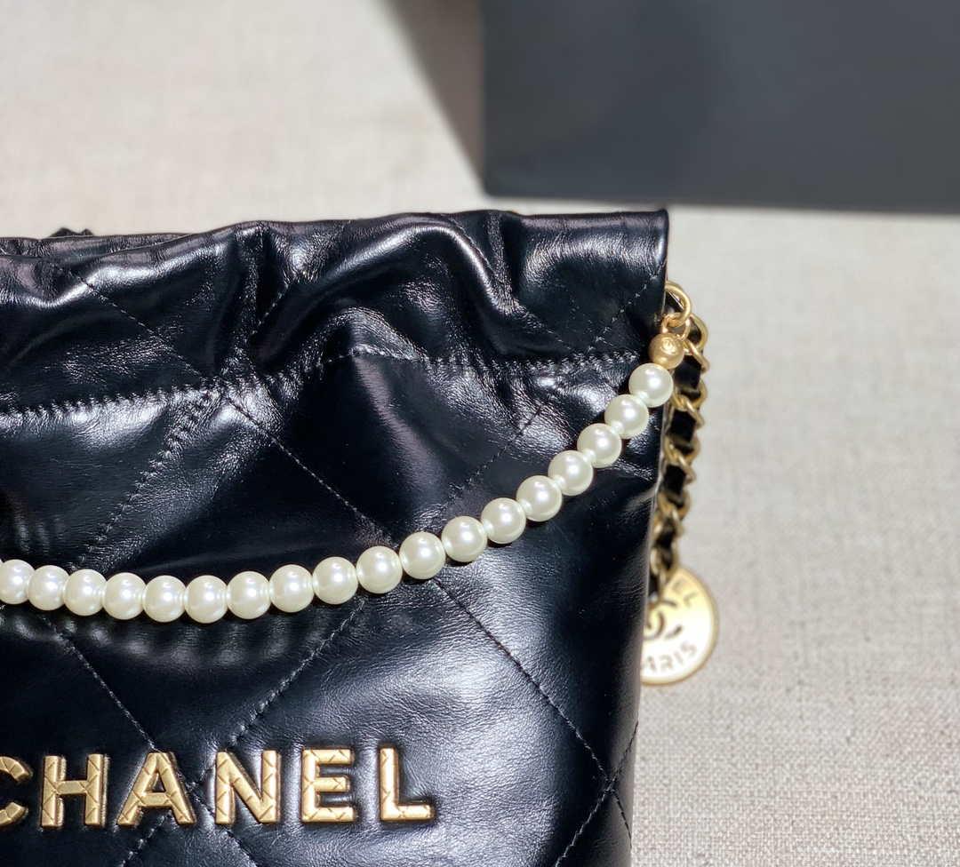 Chanel AS3260 22 Mini Handbag Calfskin Pearl Chain Black with Gold A90