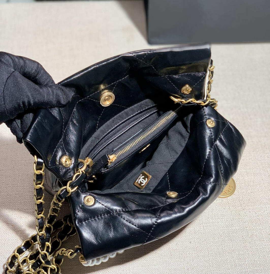 Chanel AS3260 22 Mini Handbag Calfskin Pearl Chain Black with Gold A90