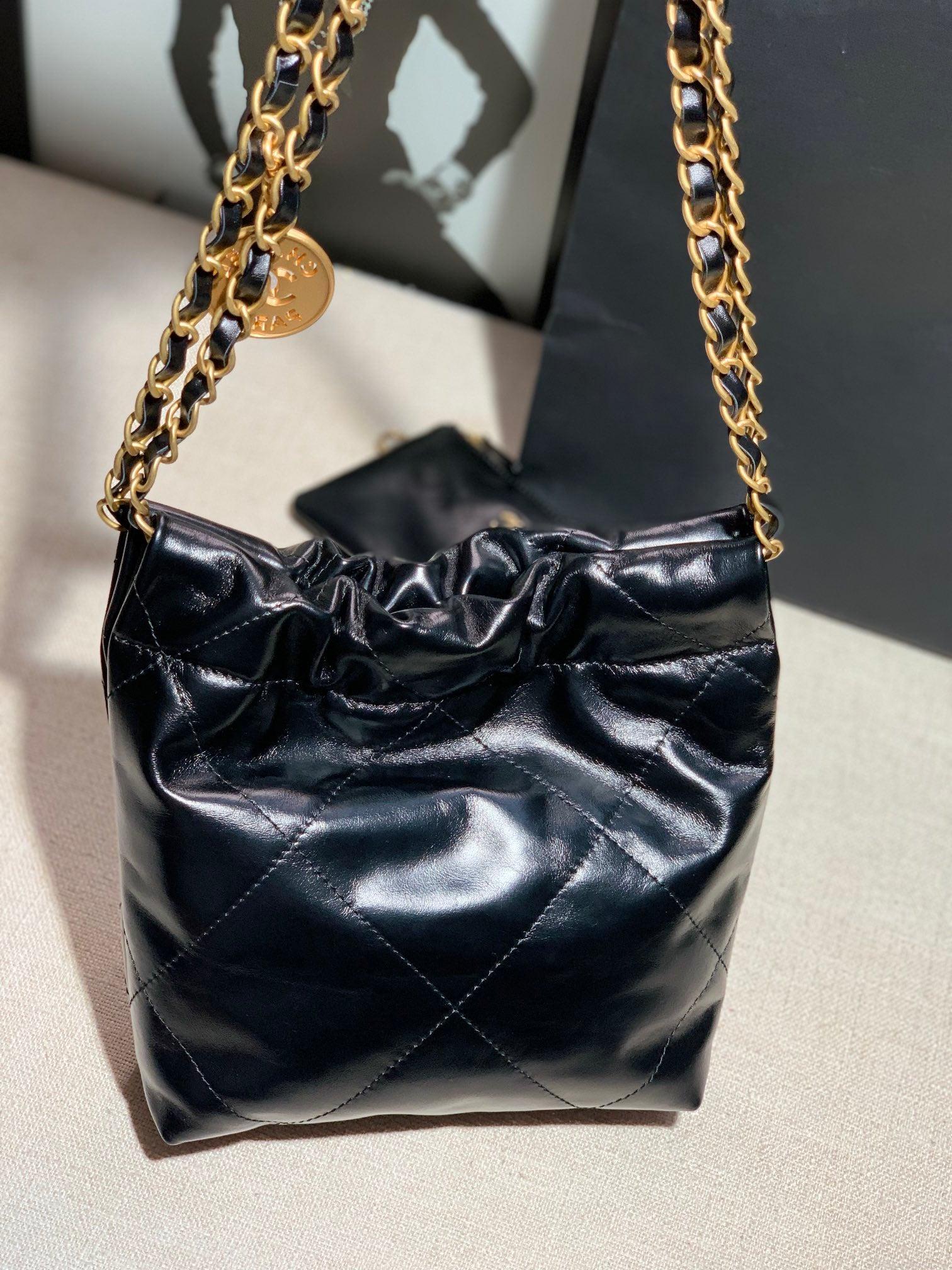 Chanel AS3260 22 Mini Handbag Shiny Calfskin Black with Gold A86