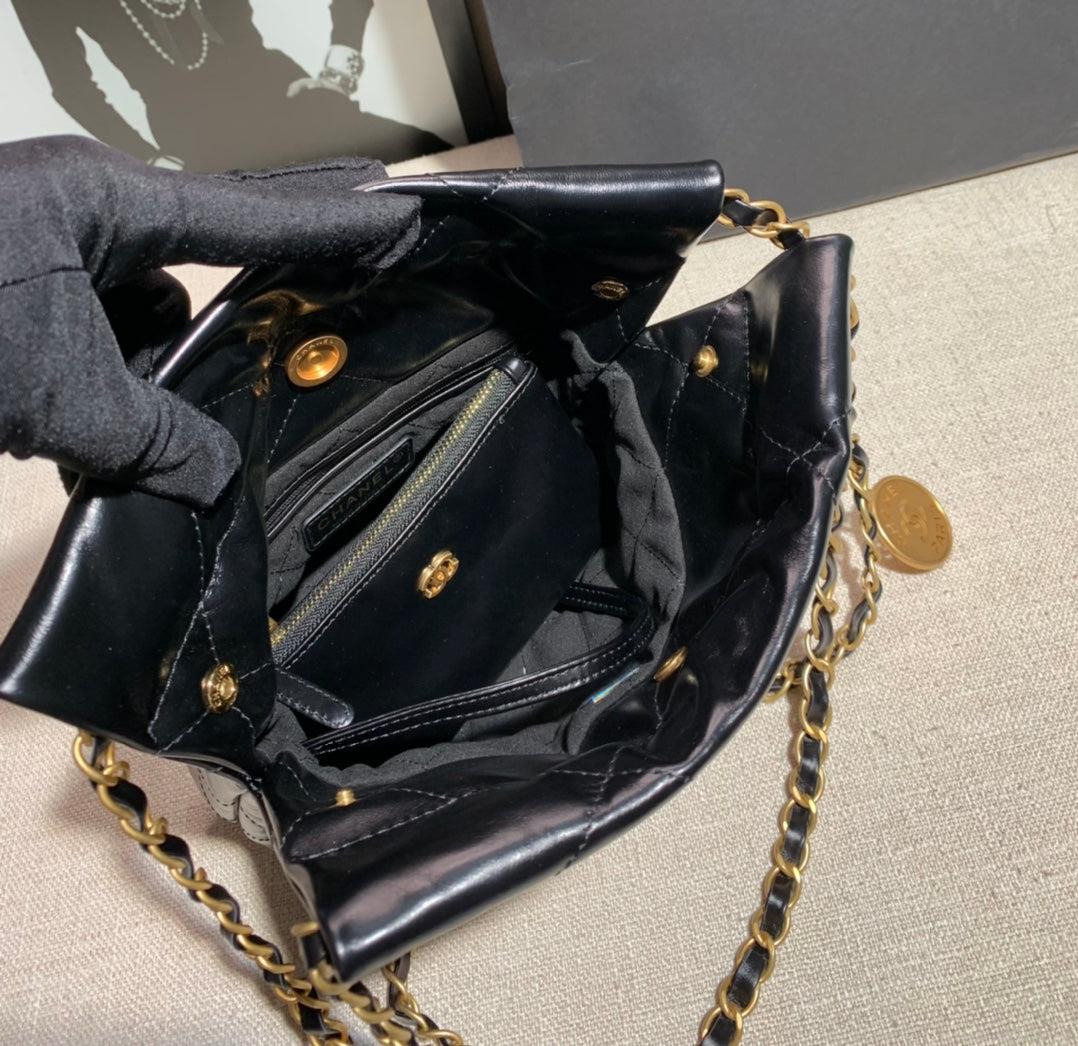 Chanel AS3260 22 Mini Handbag Shiny Calfskin Black with Gold A86