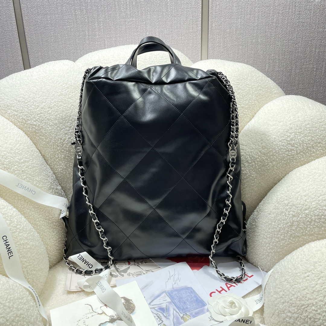 Chanel 22 Backpack Shiny Calfskin AS3313 Black With Sliver Logo