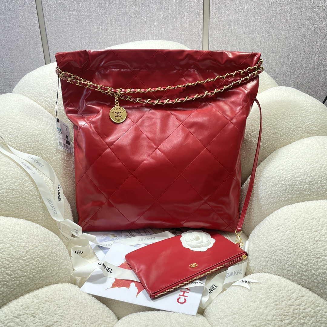 Chanel 22 Large Handbag Shiny Calfskin AS3262 Red